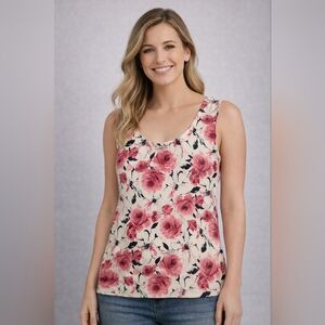 Jones New York Floral Tank Top Petite Sleeveless Blouse Pink Roses PS
